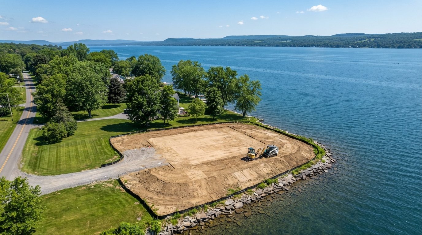 Graded building pad on a Canandaigua Lake shoreline lot